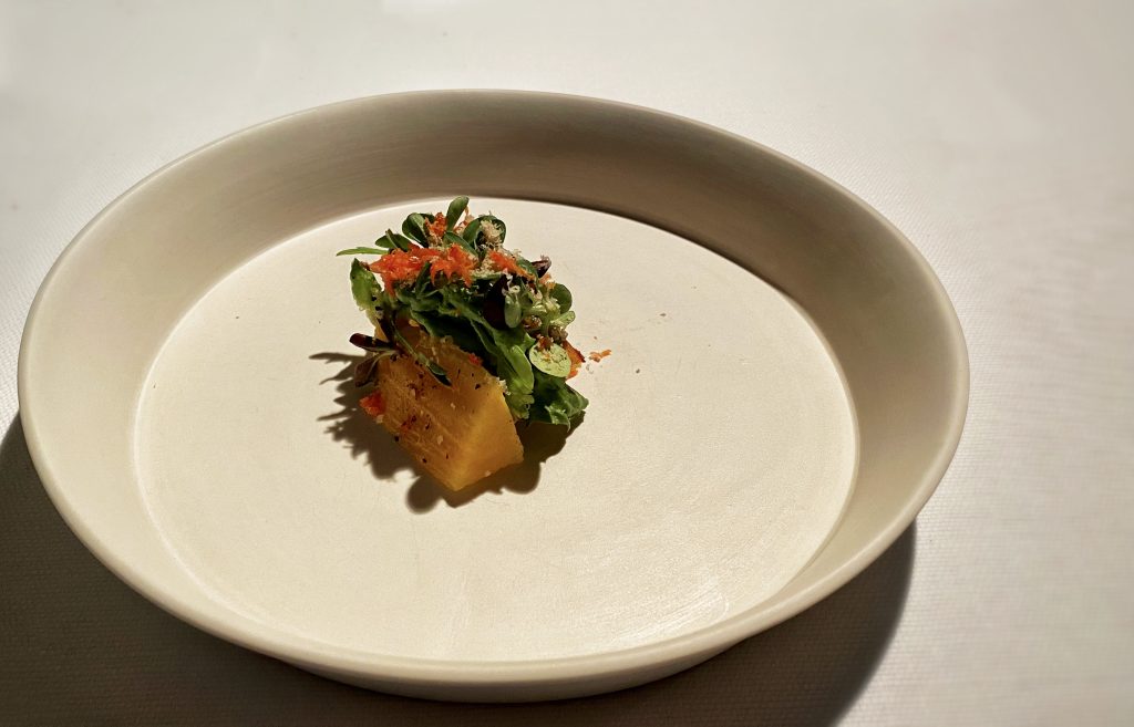 Caco, misticanza di insalata dall'orto, silene, nocciola e bacche di rosa canina